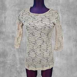Vintage Deb Womens Lace Sequin Scoop Neck Top Cream Fairy Size Medium